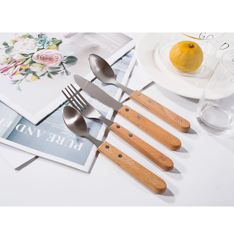 4 PIECES STAINLESS STEEL & WOOD FLATWARE SET